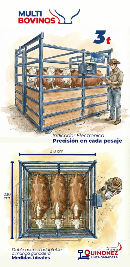 Infografía técnica de la báscula ganadera multibovinos Quiñonez, mostrando medidas de 210 cm por 230 cm y capacidad para el pesaje grupal de 3 bovinos