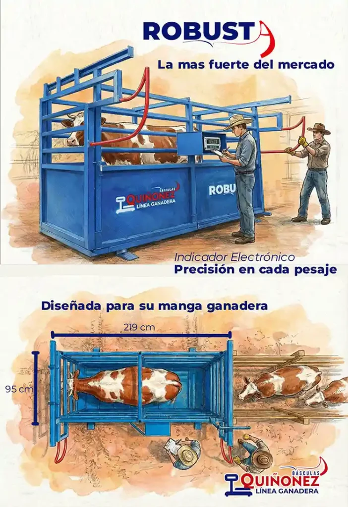 Infografía técnica de la báscula ganadera modelo Robusta de Básculas Quiñonez, mostrando medidas de 219 cm por 95 cm e integración en manga ganadera para pesaje eficiente de bovinos