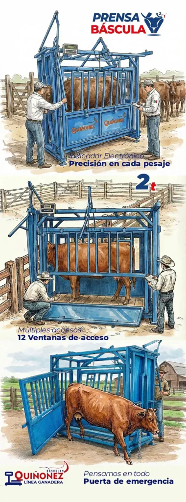 Infografía de la prensa báscula ganadera Quiñonez tipo brete, mostrando las 12 ventanas de acceso para manejo veterinario, indicador electrónico de precisión y puerta de emergencia lateral.
